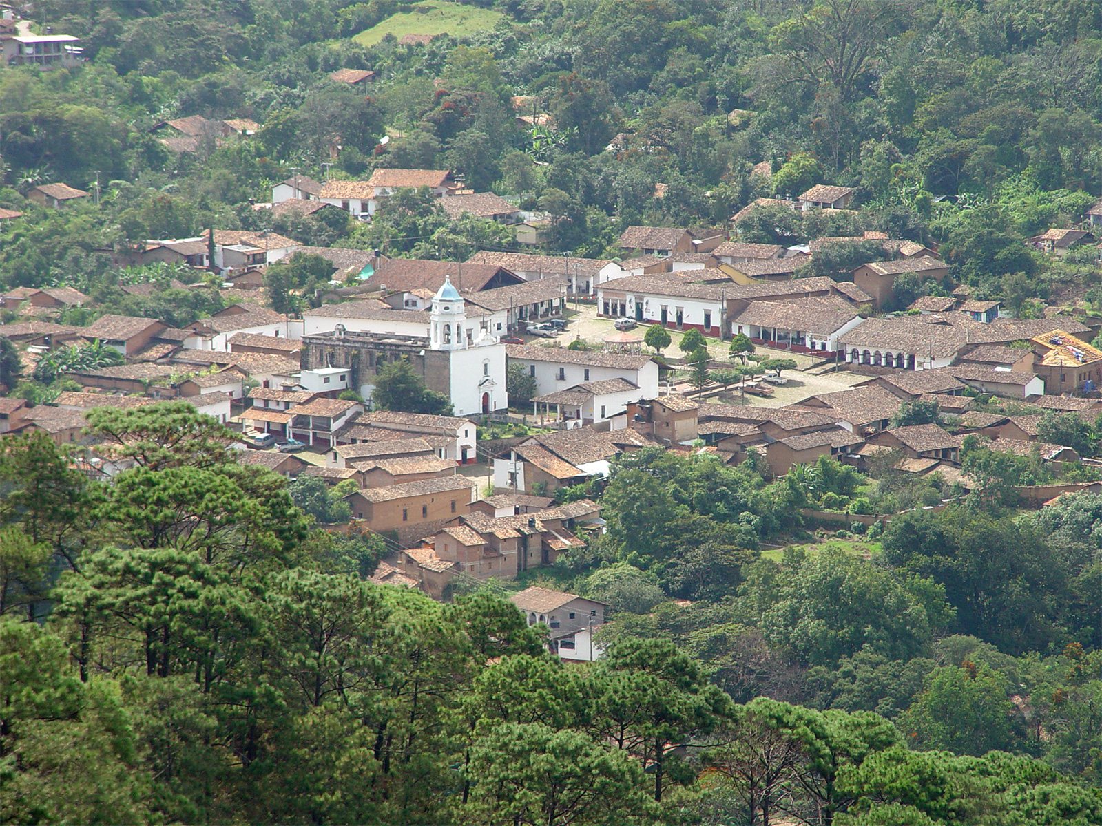 View from above of San Sebastián del Oeste, with the white church tower and tile-roofed houses surrounded by forest