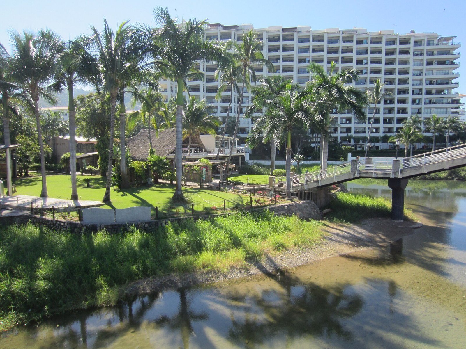 The Cuale River near its mouth on Banderas Bay, with palm trees and a footbridge