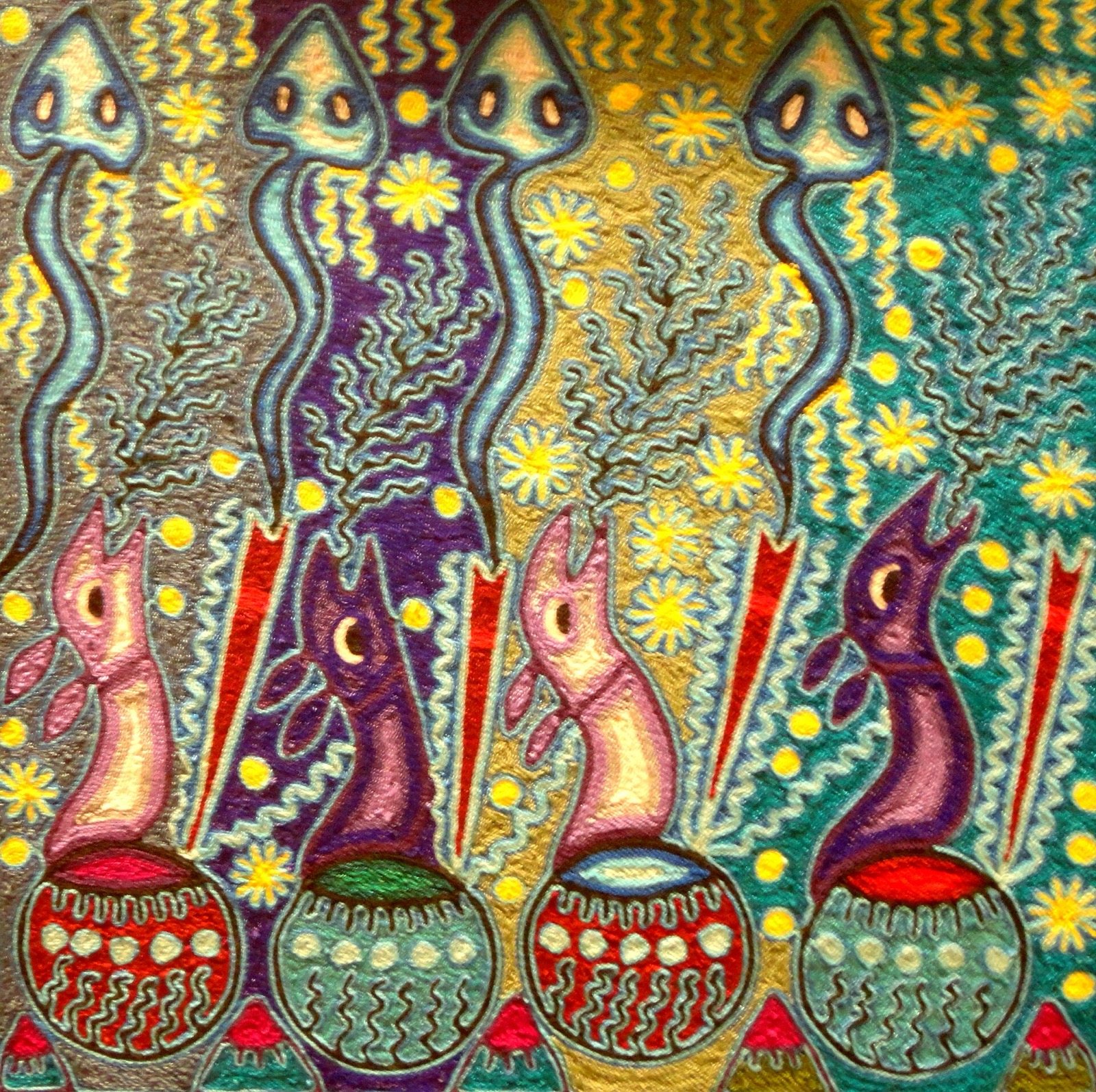 Huichol yarn painting with animal figures, red arrows, decorated gourd bowls and serpents on purple, gold and turquoise backgrounds