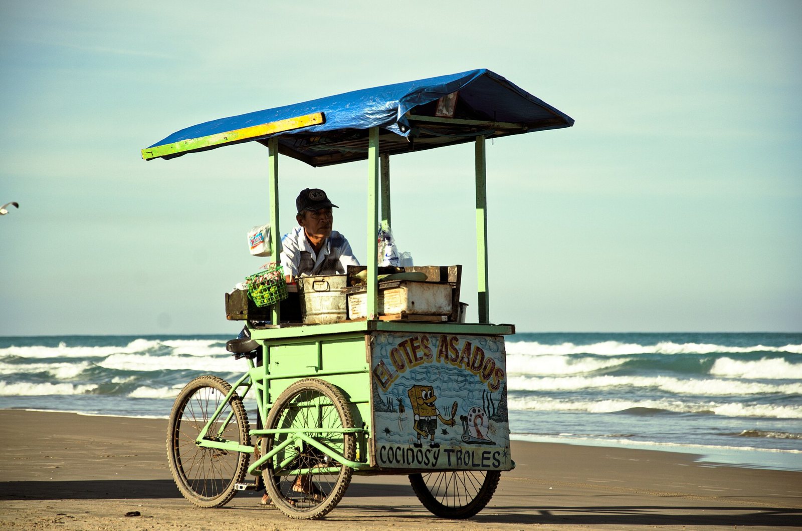 Grilled corn cart with a blue canopy parked on the sand with the ocean behind it