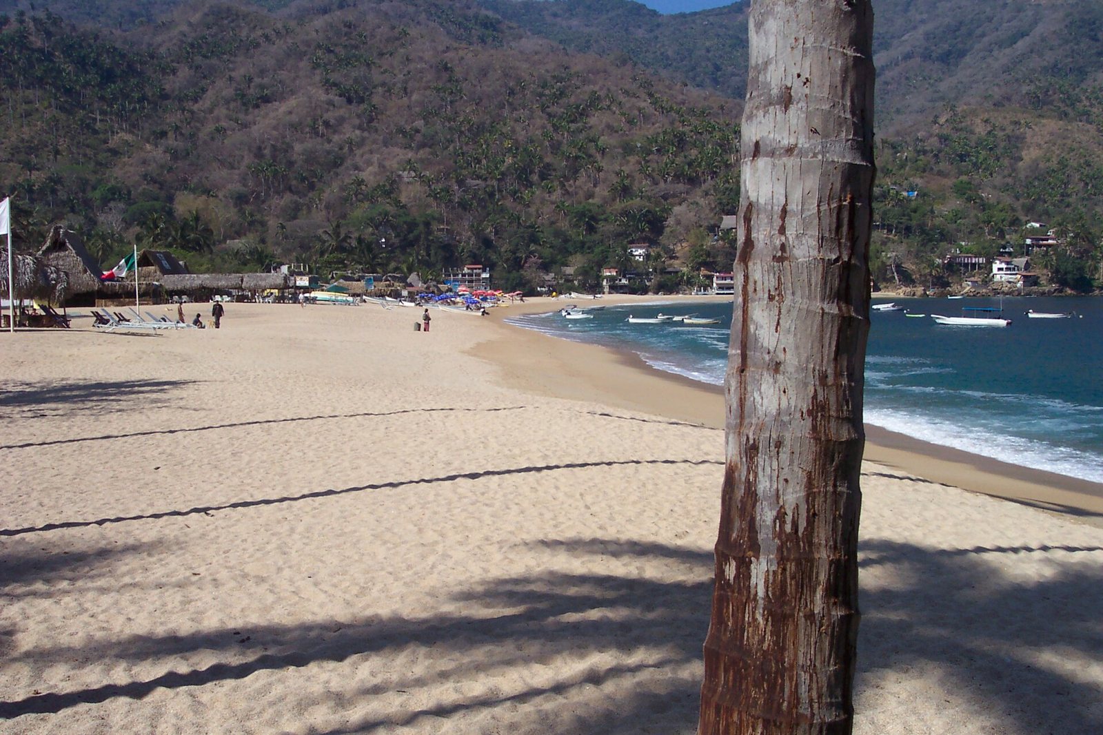 Wide sandy beach in Yelapa with a palm trunk in the foreground, boats on the water and houses tucked into the hills