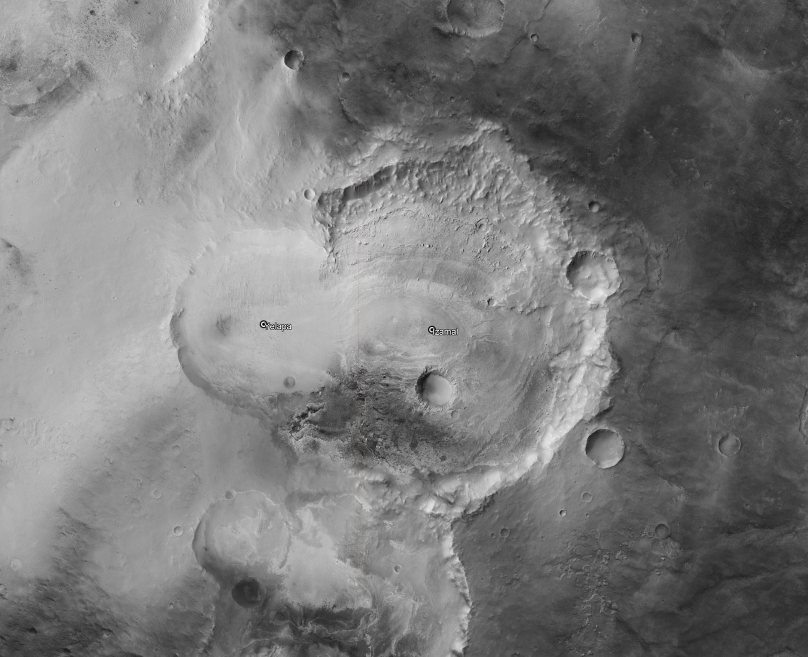 Black-and-white orbital image of the Martian surface with two labeled craters, Yelapa on the left and Izamal on the right